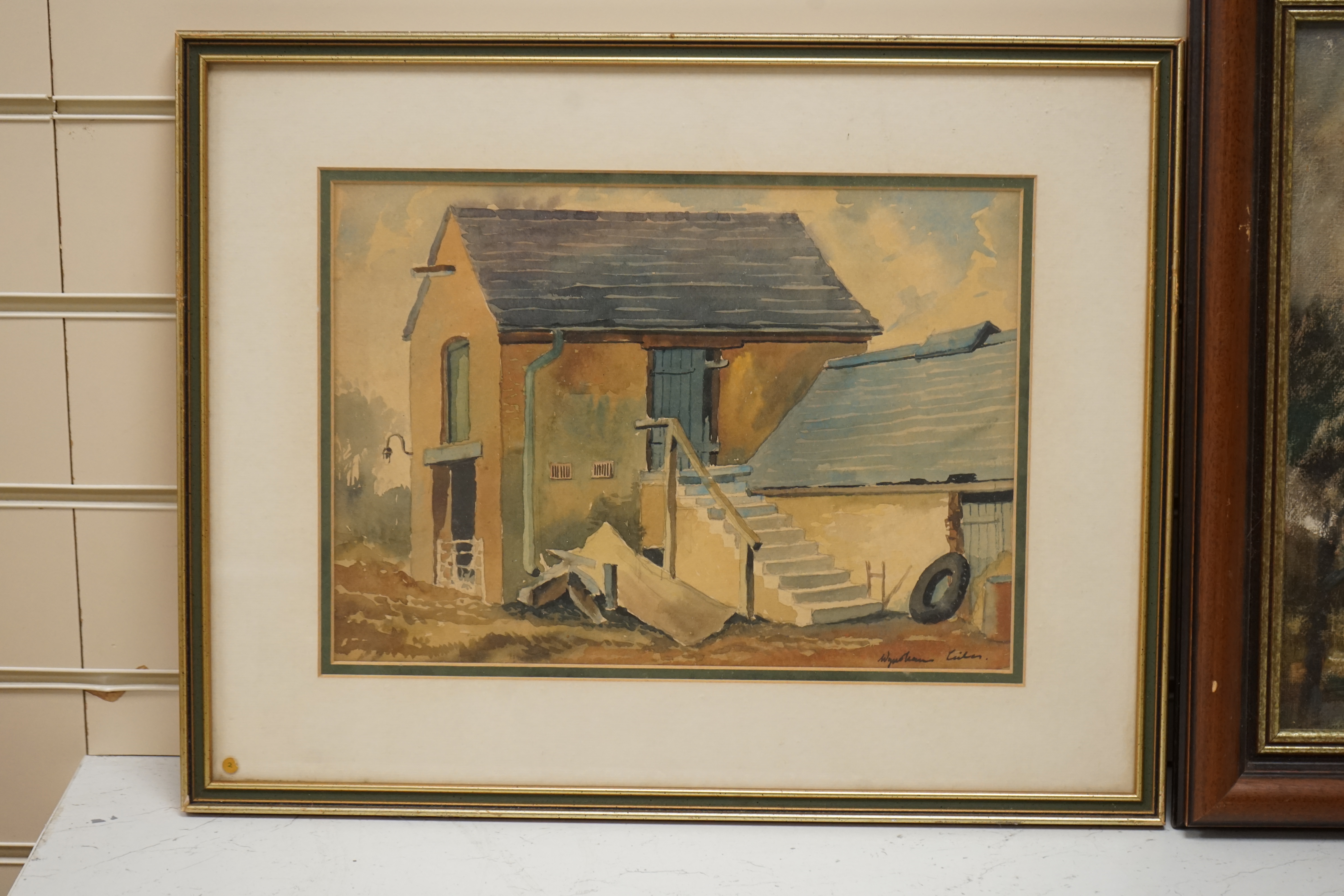 Wyndham Edwin George Giles, an oil on canvas, Stormy landscape, signed and dated ‘72, together with a watercolour by the same artist, ‘Farm Buildings, Staffordshire’, largest 34 x 39cm. Condition - fair to good